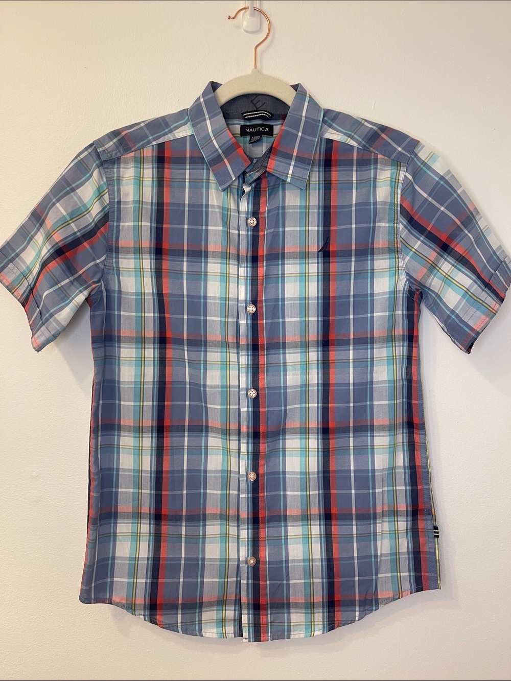 Nautica Blue Plaid Short Sleeve Button-Down Shirt with Red Accents Size L 14/16